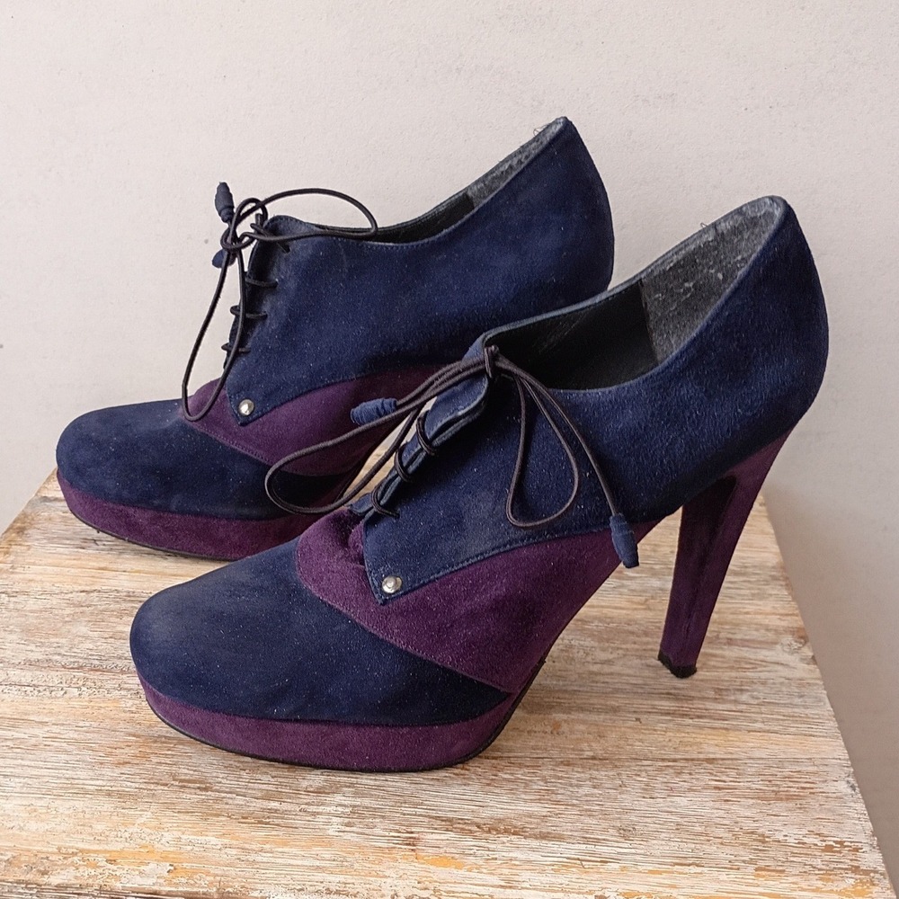 Stuart Weitzman Navy Purple Suede Platform Lace Up Oxford Booties Heels 8.5